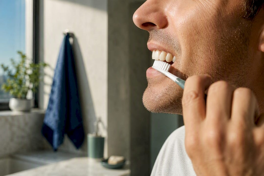Adult brushing teeth in a bathroom
