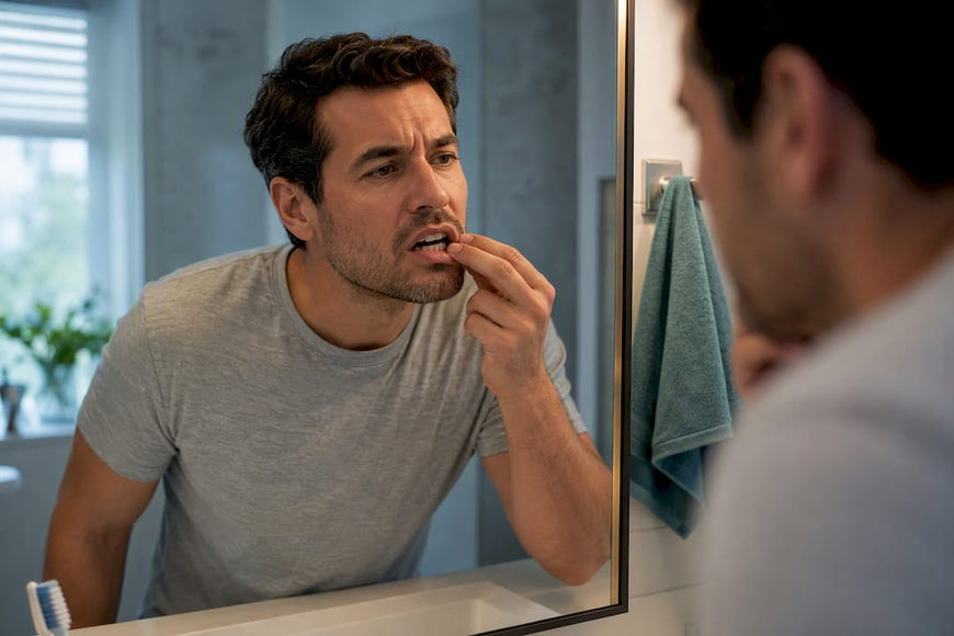Adult inspecting gumline in bathroom mirror