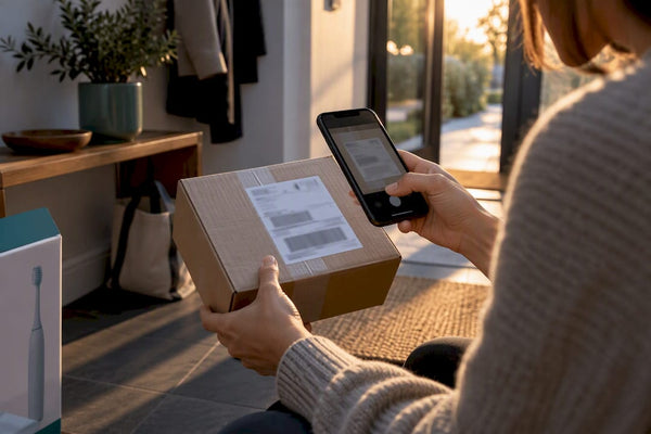 Person photographing a warranty parcel label