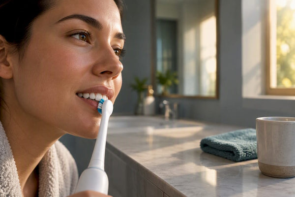 Adult practicing deliberate electric toothbrush brushing