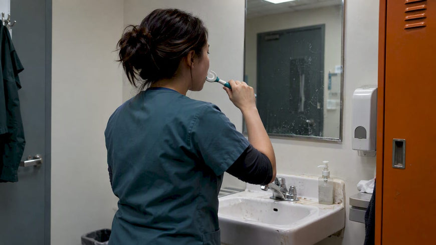 Shift worker brushing teeth between shifts
