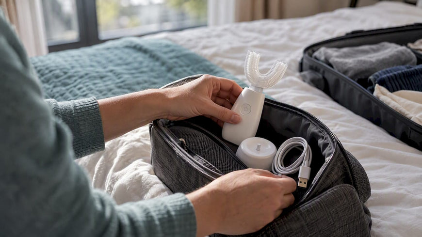 Y-Brush toothbrush and USB cable packed for travel