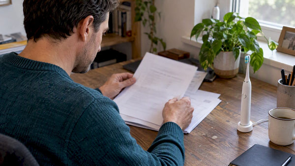 Person reviewing claim papers beside an electric toothbrush