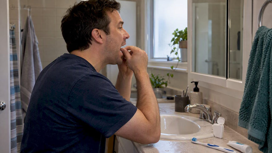 Adult flossing at a bathroom sink