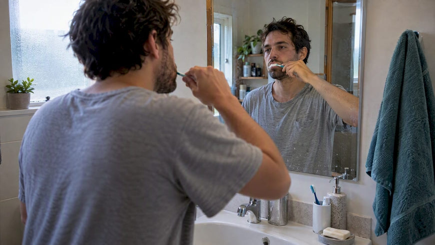 Adult brushing teeth in the morning