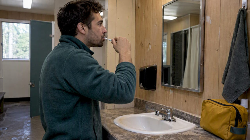 Adult dry-brushing teeth at a campground washroom