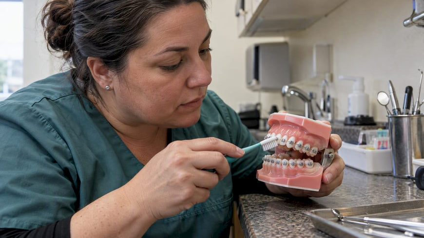 Educator brushing an orthodontic model