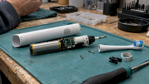 Opened sonic toothbrush with exposed components