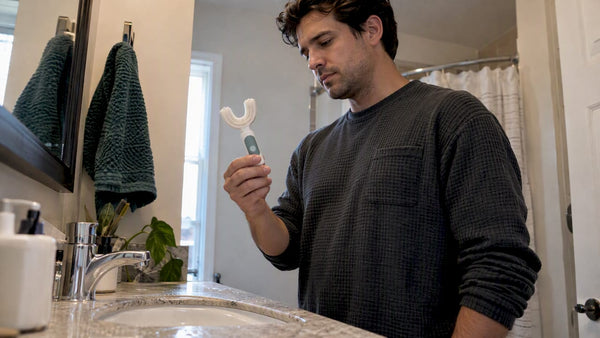 Y-Brush toothbrush held beside a bathroom vanity