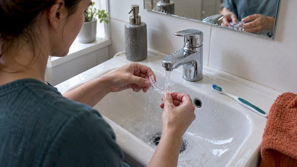 Adult rinsing a clear retainer at sink